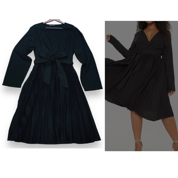 Pretty Little Things Black Dress Plus 1X V-neck Wrapped Pleated Long Sleeve Tie - Picture 1 of 8